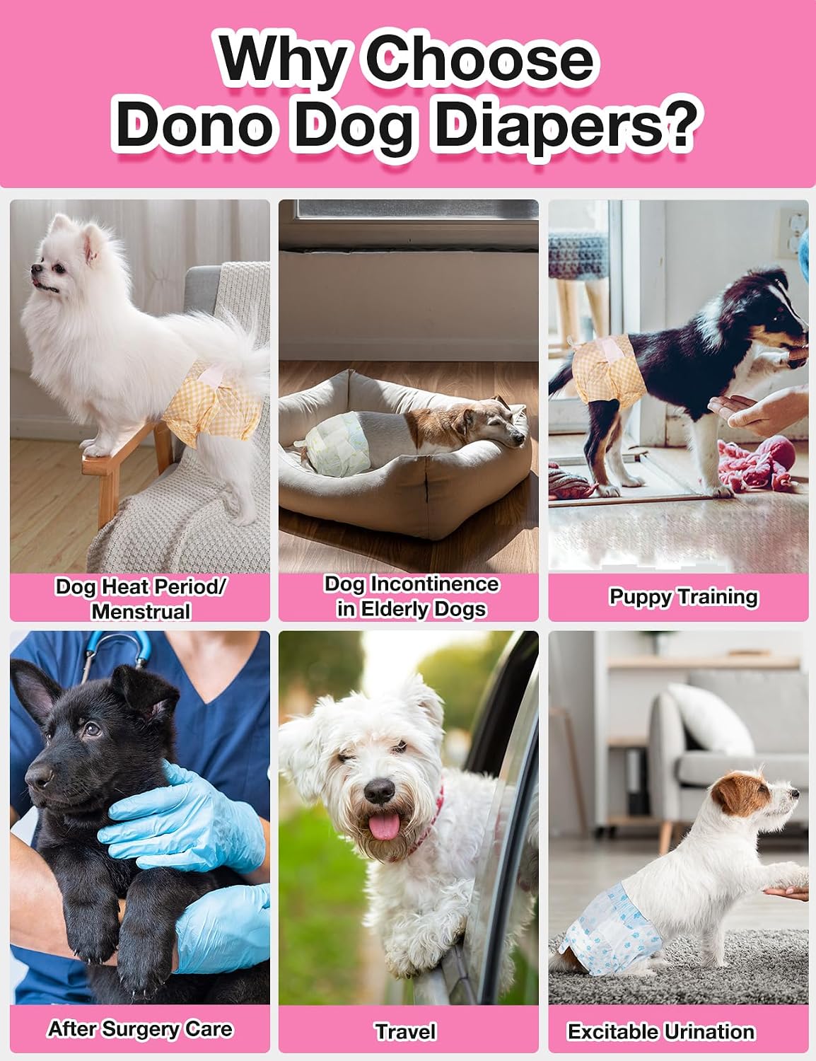 Dono dog diapers female showing fur safe readjustable waistband fasteners