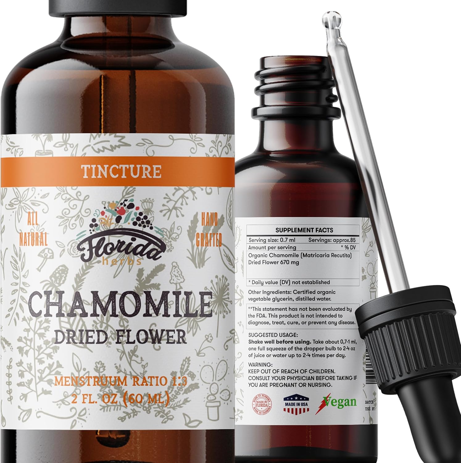 Florida Herbs Organic Chamomile Tincture front view bottle with dropper