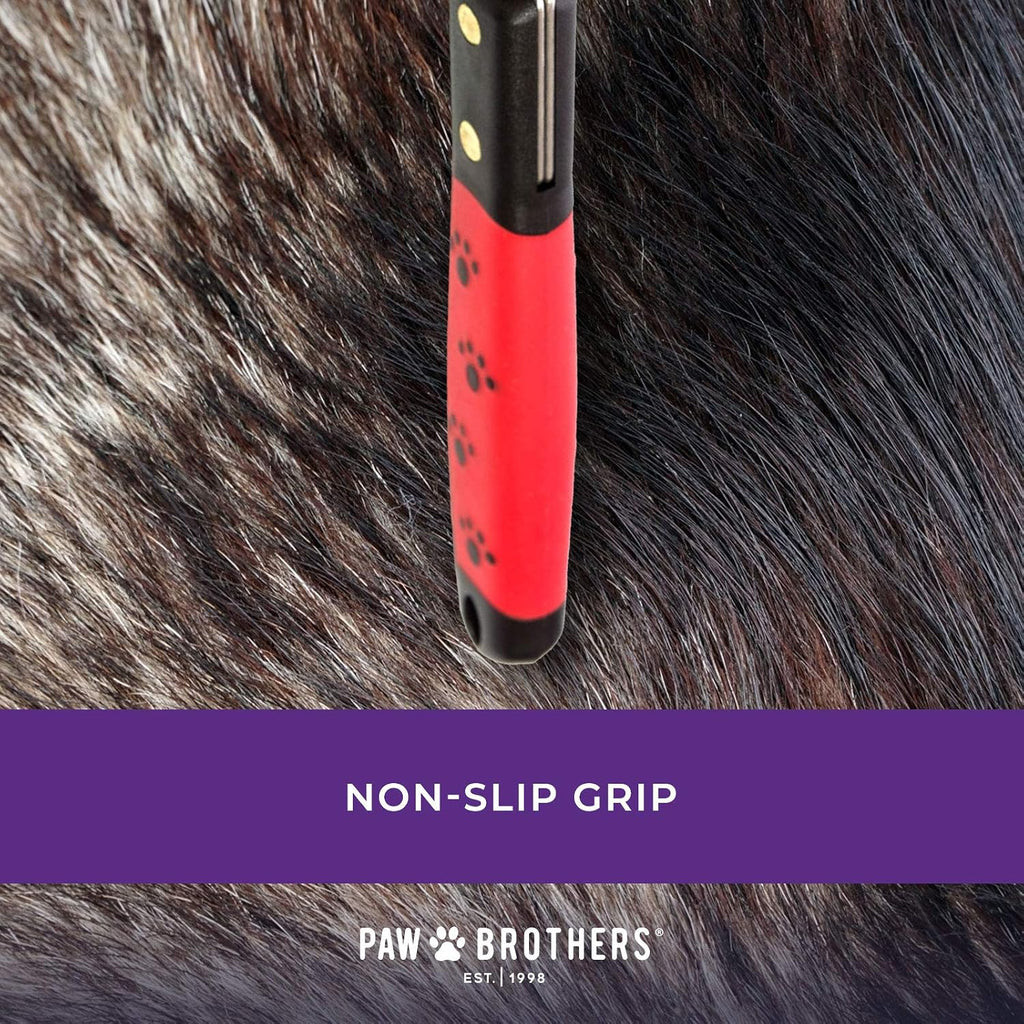 Ergonomic non-slip handle detail of Ryan's Pet Supplies dog shedding brush