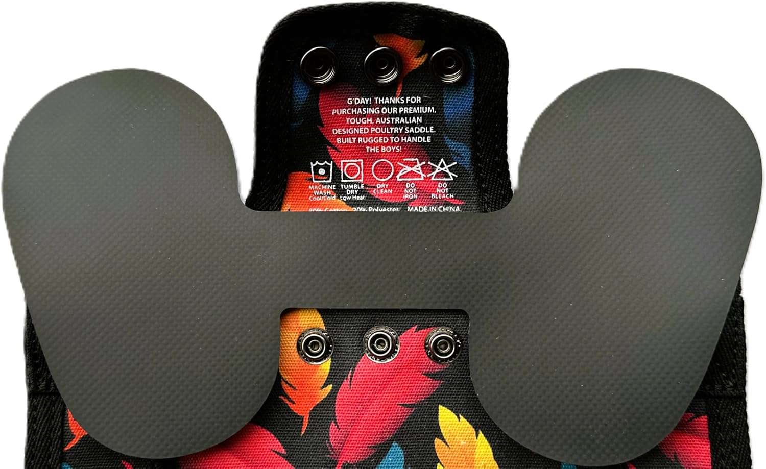 Premium medium to large breed chicken saddle showing double sewn seams.
