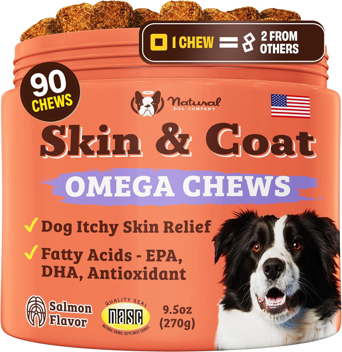 Natural Dog Company Skin And Coat Supplement front view premium omega three chews