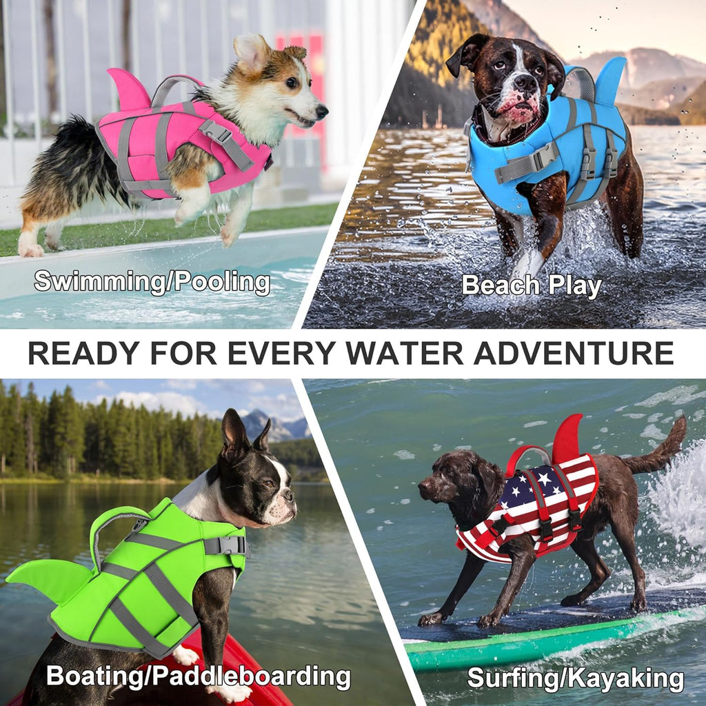 Dogcheer adjustable puppy and adult dog life preserver in a patriotic USA flag pattern for beach safety.