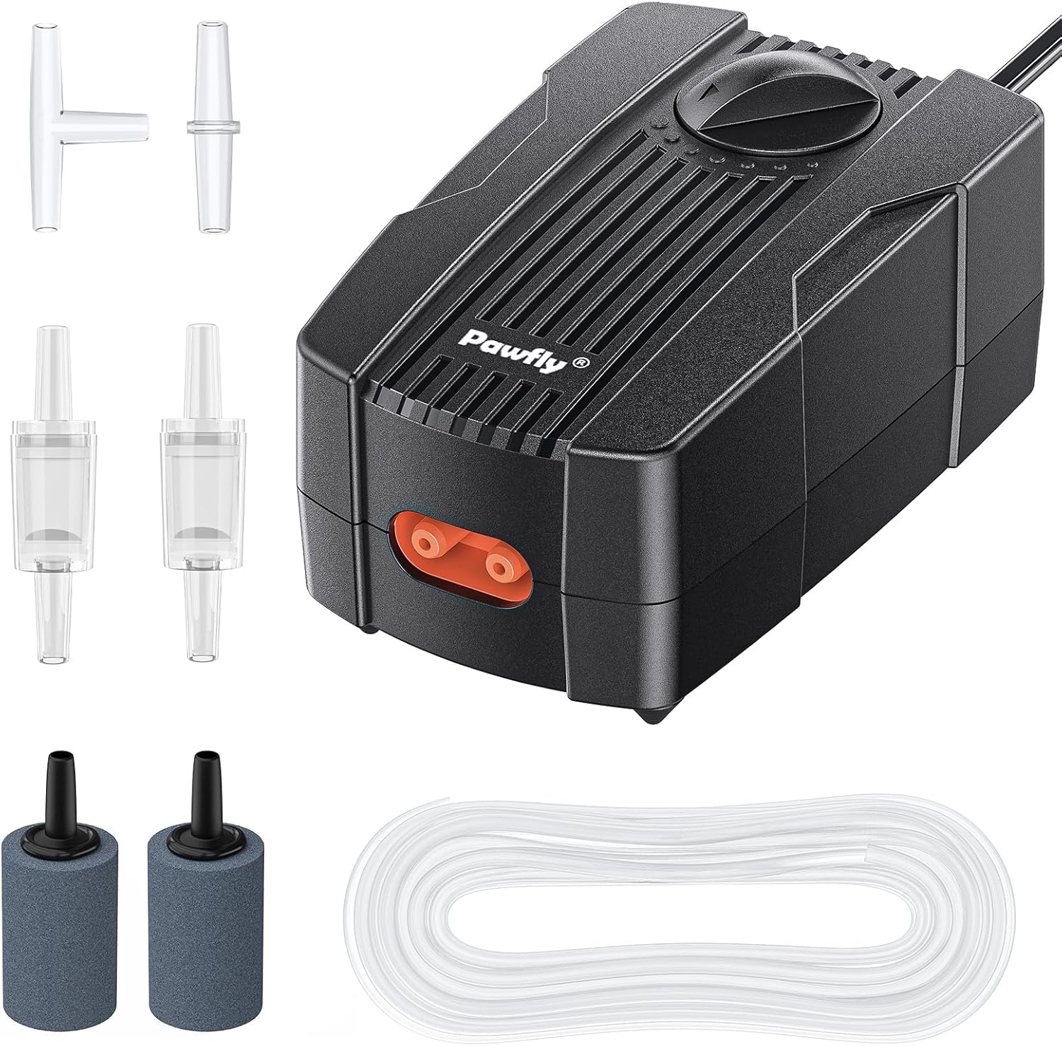 Pawfly aquarium air pump front view showing dual outlets
