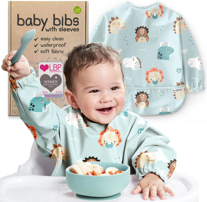 Nombear waterproof smock baby bib with sleeves front view for baby led weaning