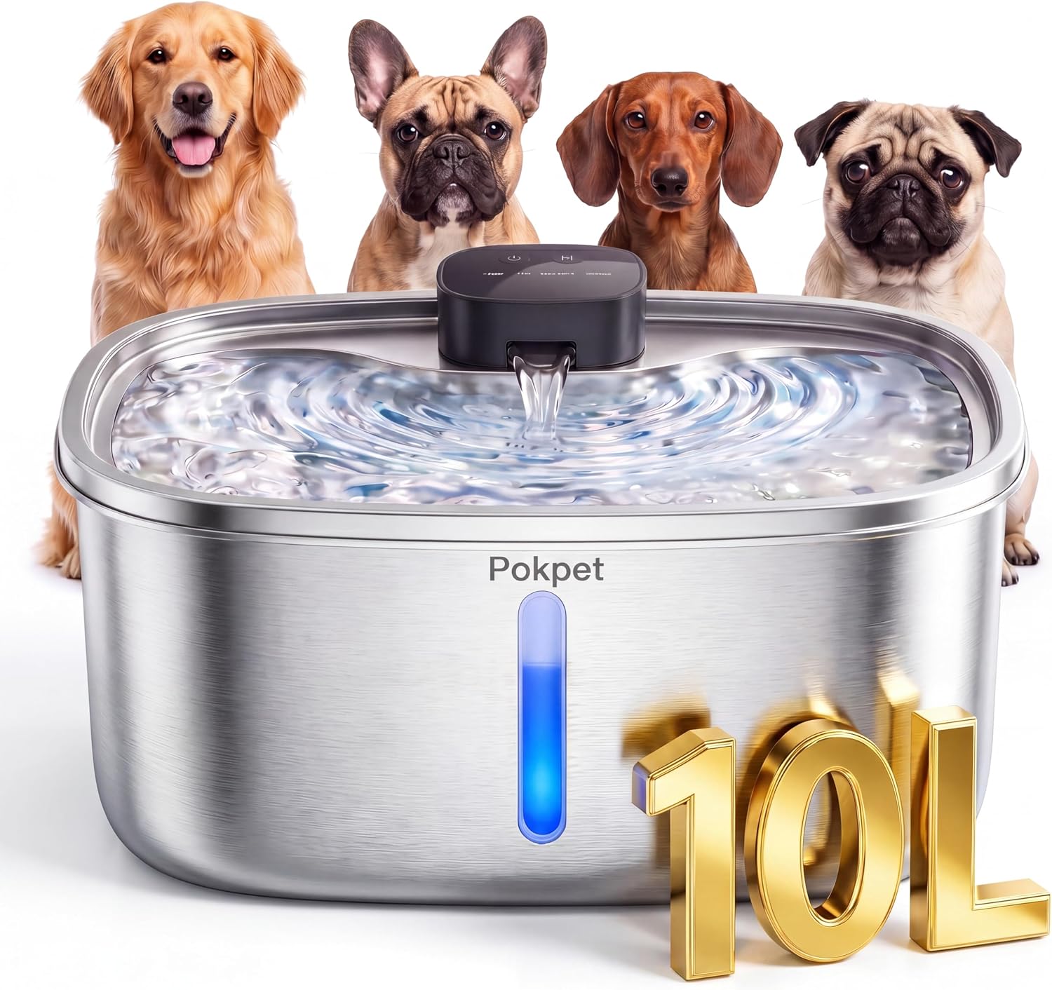 Dog Cat Water Fountain Wireless Stainless Steel Water Fountain for Small Large Dogs, Fresh Flow 10L Dispenser, Doggy Spout Water Bowl,Wider Drinking Area, LED Window, Ultra-Quiet - 1 Filter - Image 12