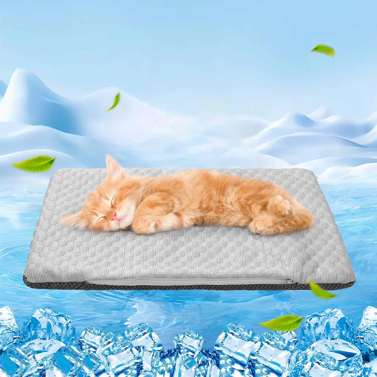 BEAUTYZOO dual sided dog cooling blanket being placed on a living room floor