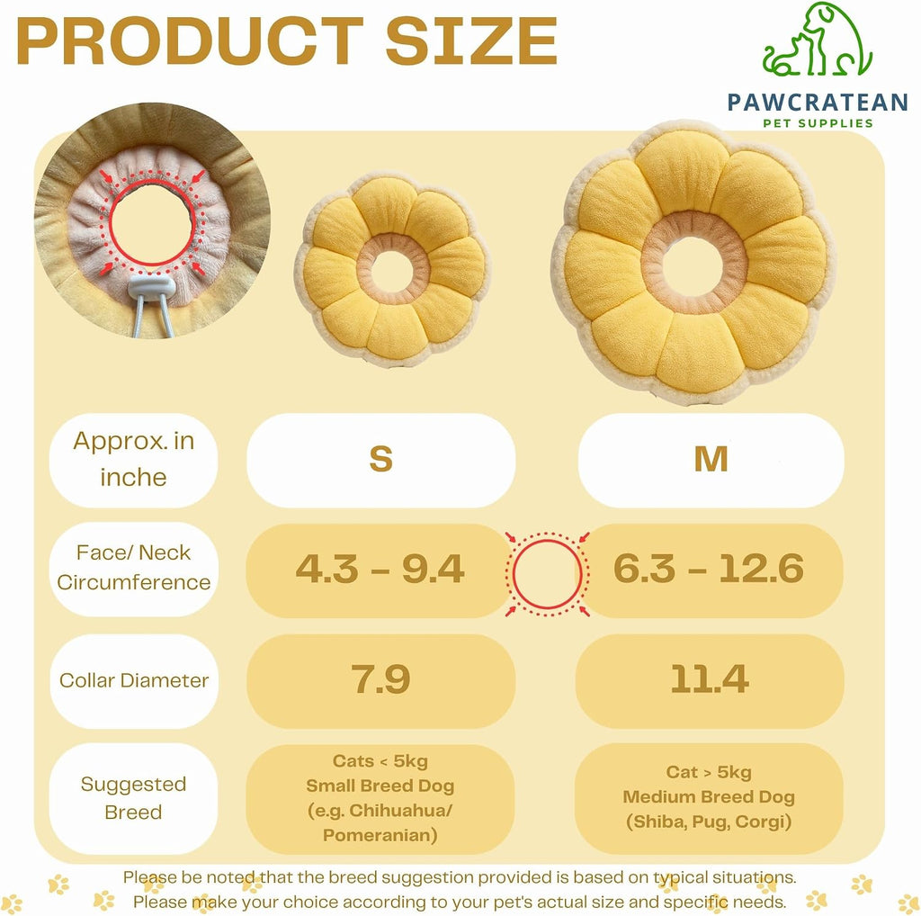 Pawcratean soft plush sunflower shaped pet cone showing the adjustable elastic drawstring closure