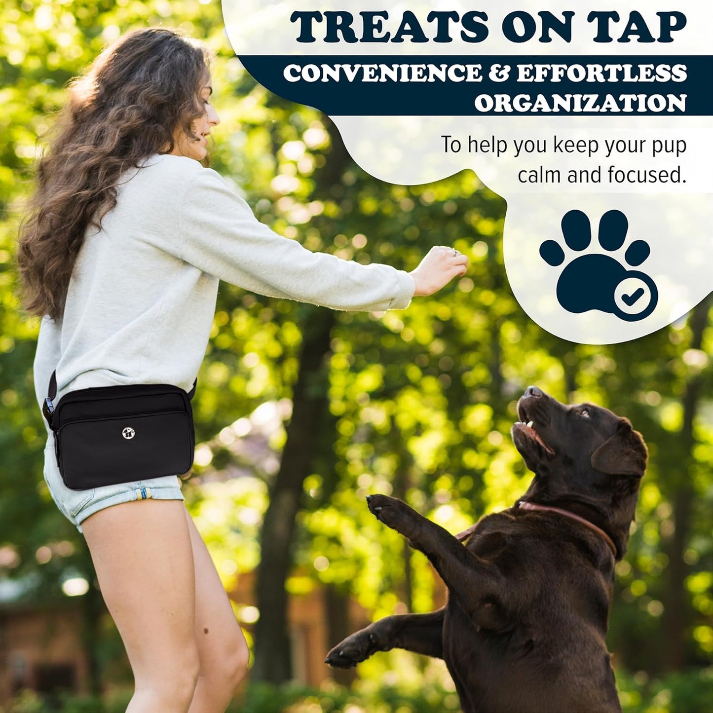 Onyx black Puppington crossbody bag featuring matching reflective dog walking leash