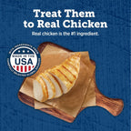 Close up of Blue Buffalo premium chicken jerky treats for dogs
