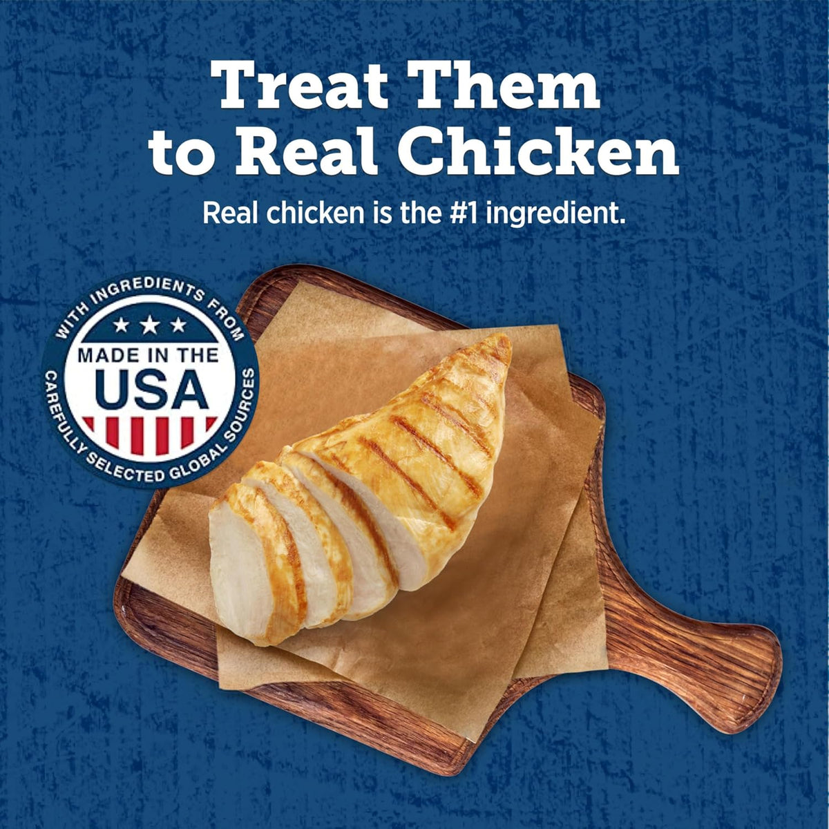 Close up of Blue Buffalo premium chicken jerky treats for dogs