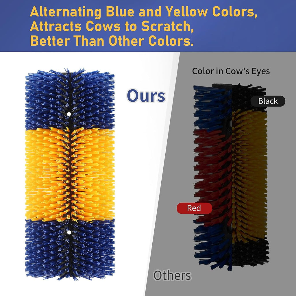 Blue and yellow cattle scratch brush close up