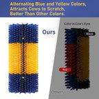 Blue and yellow cattle scratch brush close up