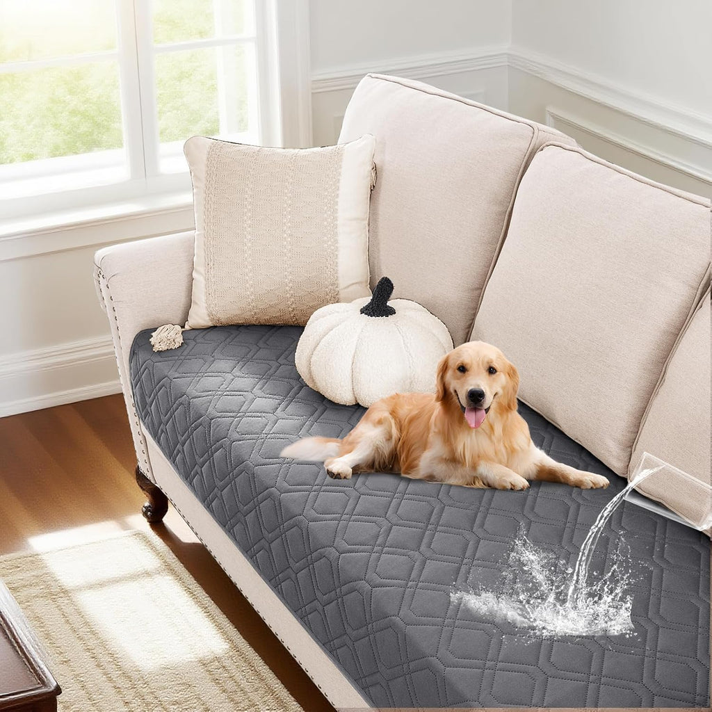 PrinceDeco waterproof couch cover for dogs front view on a living room sofa.