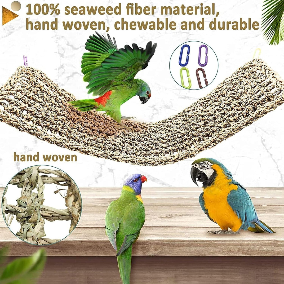 Bird Seagrass Mat 30 x 7 Inch Parrot Natural Seagrass Woven Net Hammock Parakeet Climbing Rope Ladder Mat Chew Toys Cage Accessories for Pigeon Macaw Cockatiel Conure Cockatoo Rat Bearded Dragon - Image 4