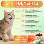 Puyrzoe oral flea and tick prevention supplement jar for cats showcasing the key skin and coat benefits.
