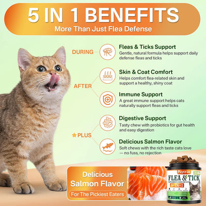 Puyrzoe oral flea and tick prevention supplement jar for cats showcasing the key skin and coat benefits.