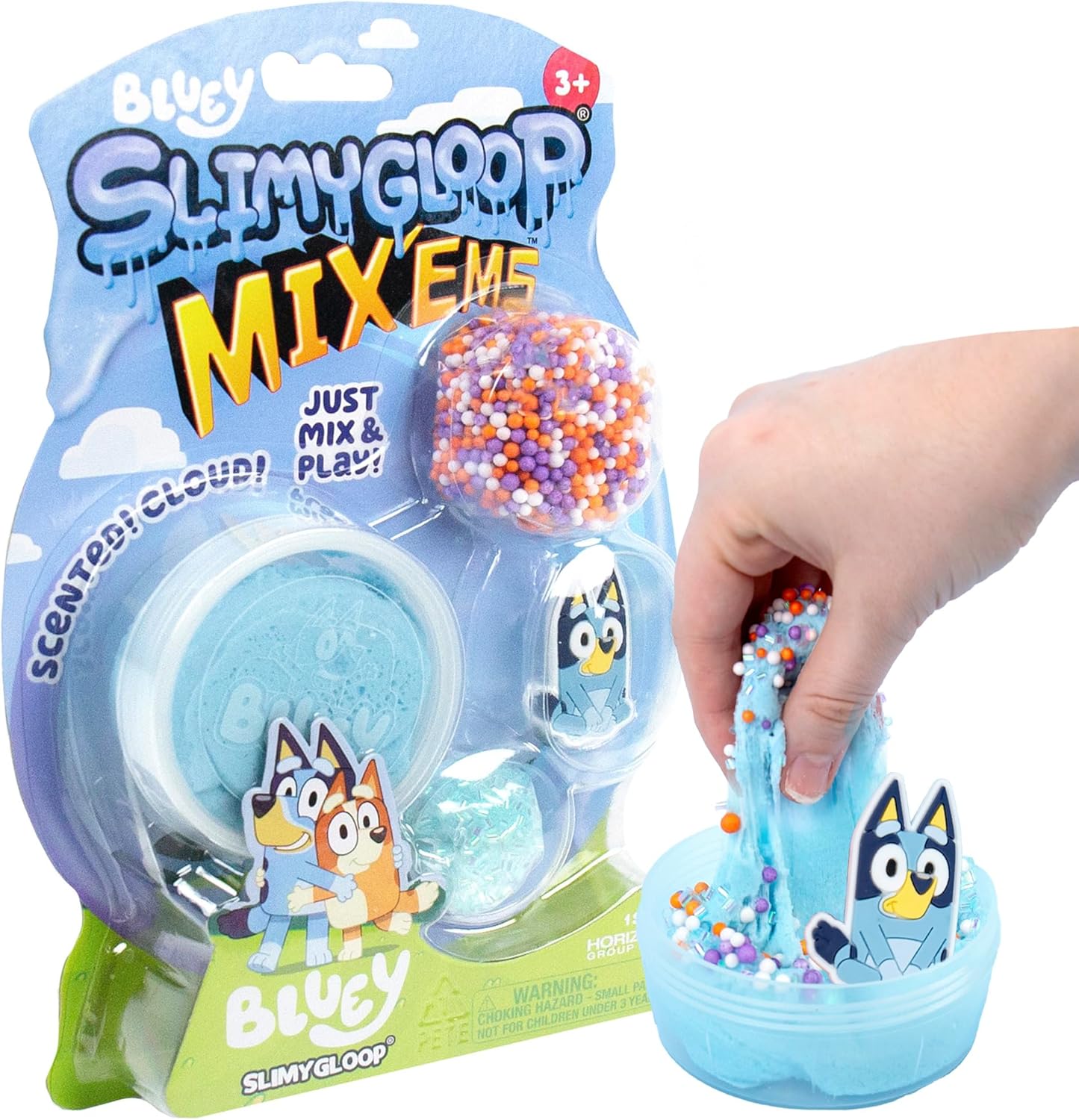 Horizon Group USA Official Bluey Slimygloop MixEms pre-made cloud slime jar front view showing packaging details
