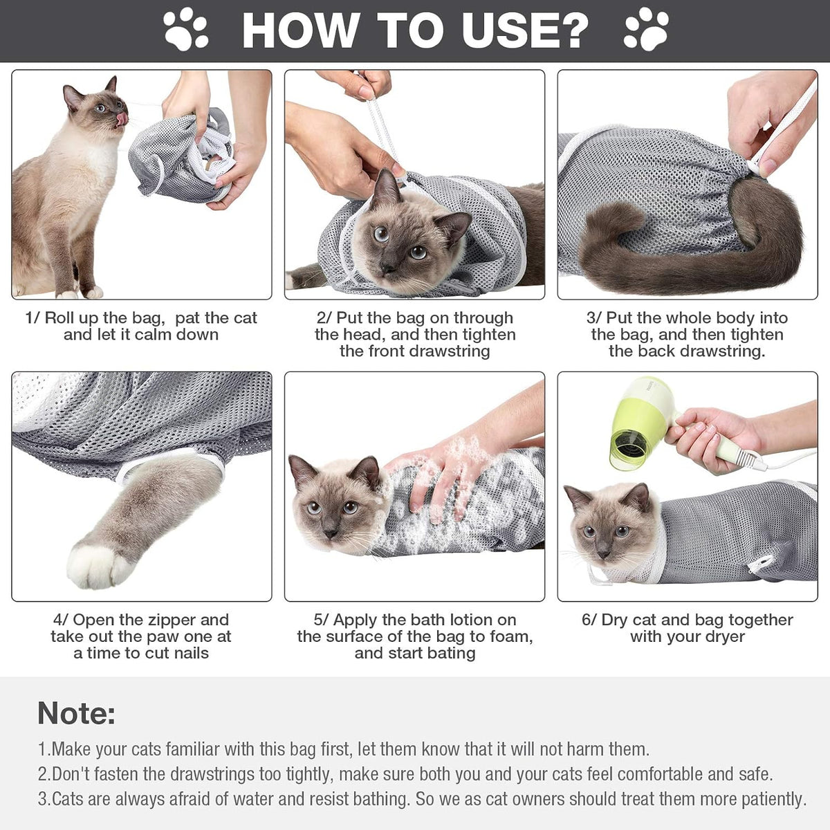 Cat resting comfortably inside the grey mesh washing pouch