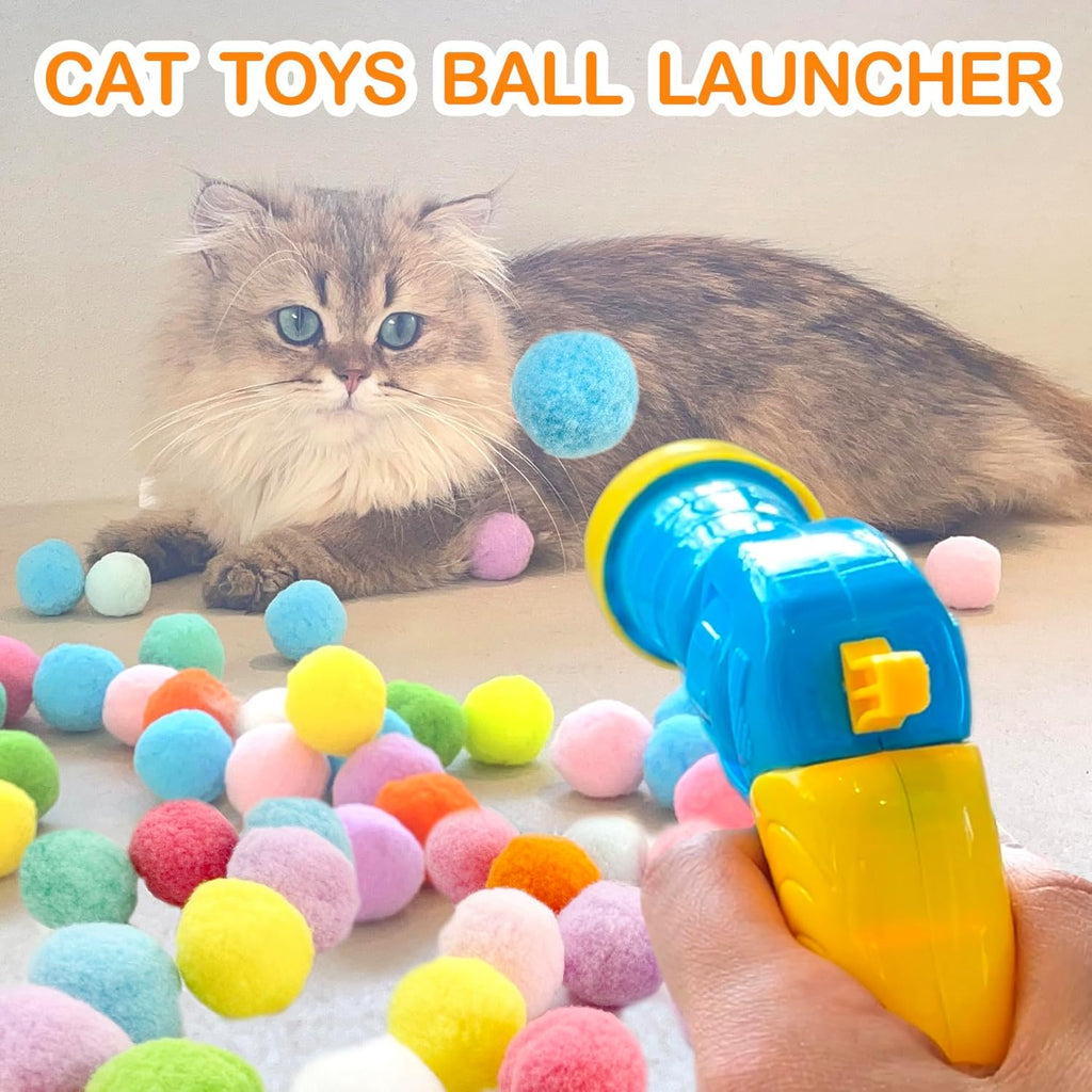 MeoHui interactive cat fetch toy set showing thirty colorful plush fuzzy balls.