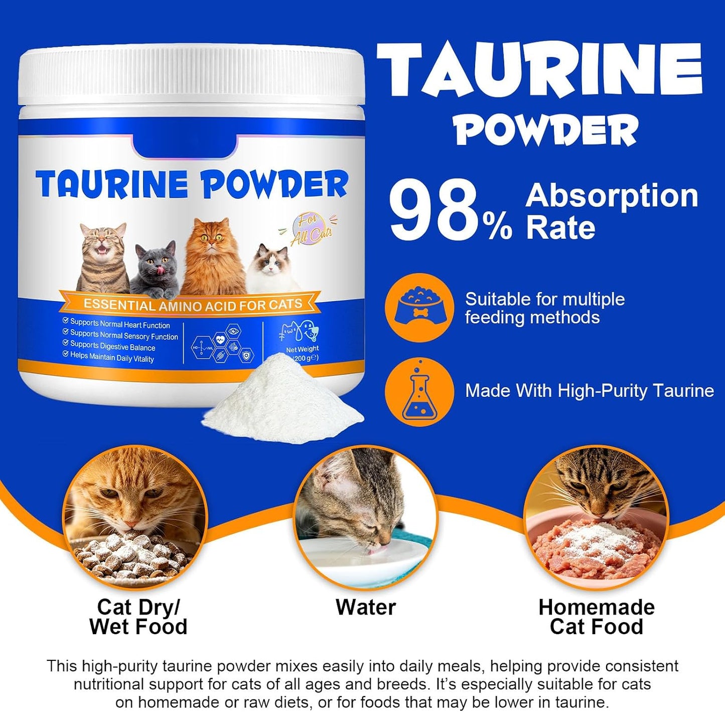 Puravita taurine 200 grams jar showing dose instructions