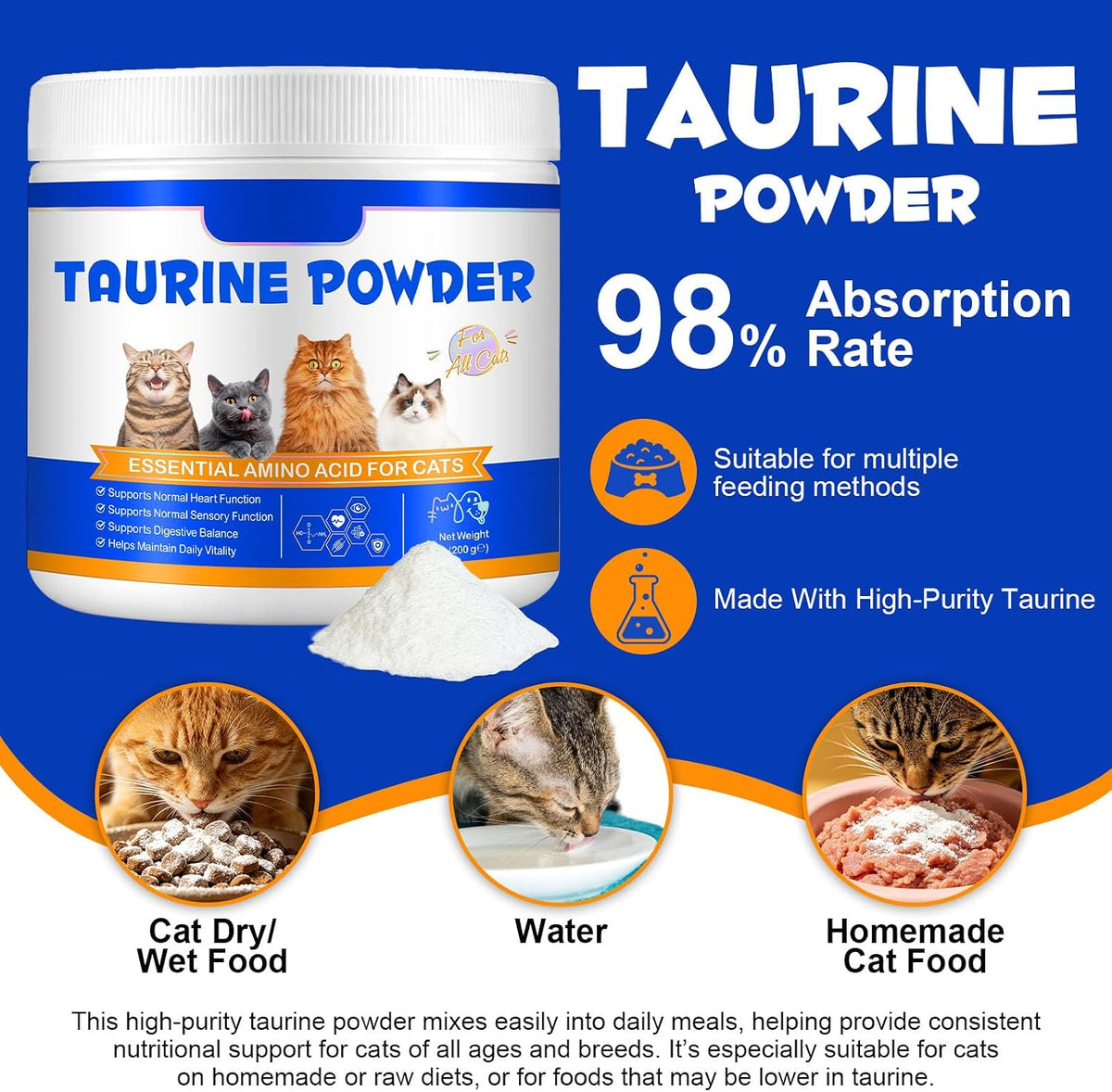 Puravita taurine 200 grams jar showing dose instructions