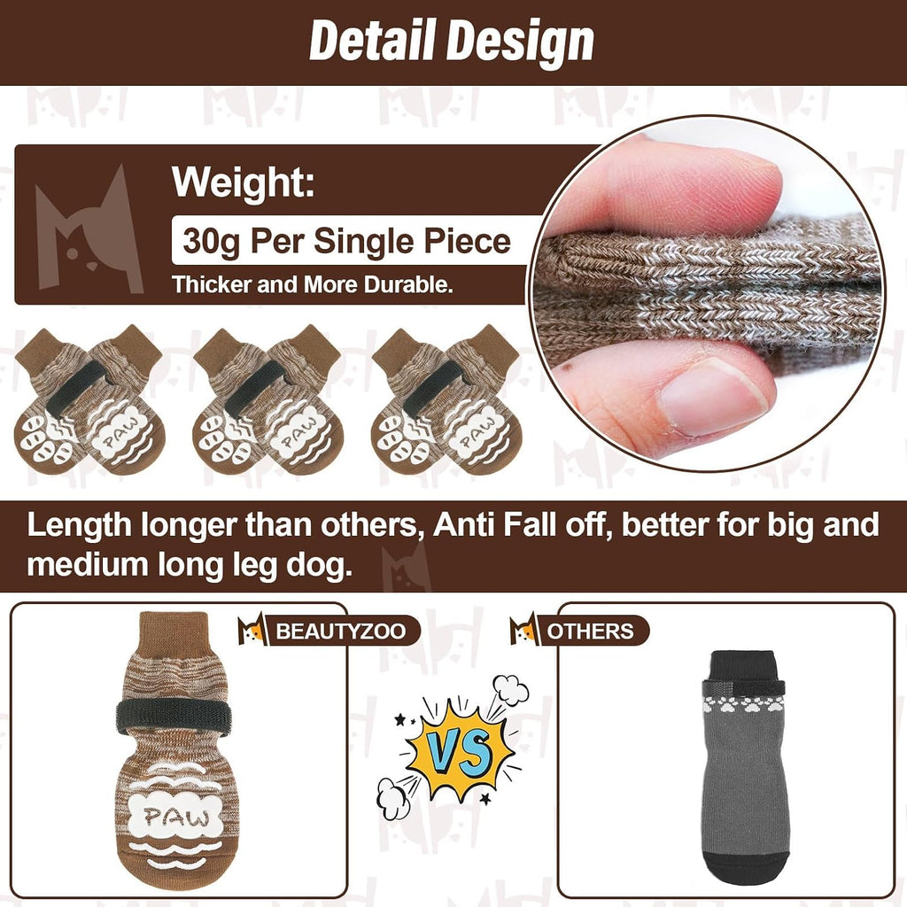 Dog wearing Beautyzoo anti slip paw protectors on hardwood floor