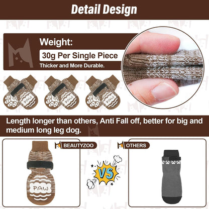 Dog wearing Beautyzoo anti slip paw protectors on hardwood floor