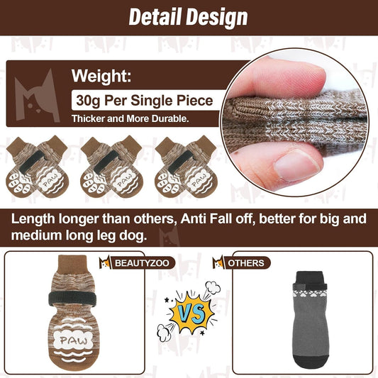 Dog wearing Beautyzoo anti slip paw protectors on hardwood floor