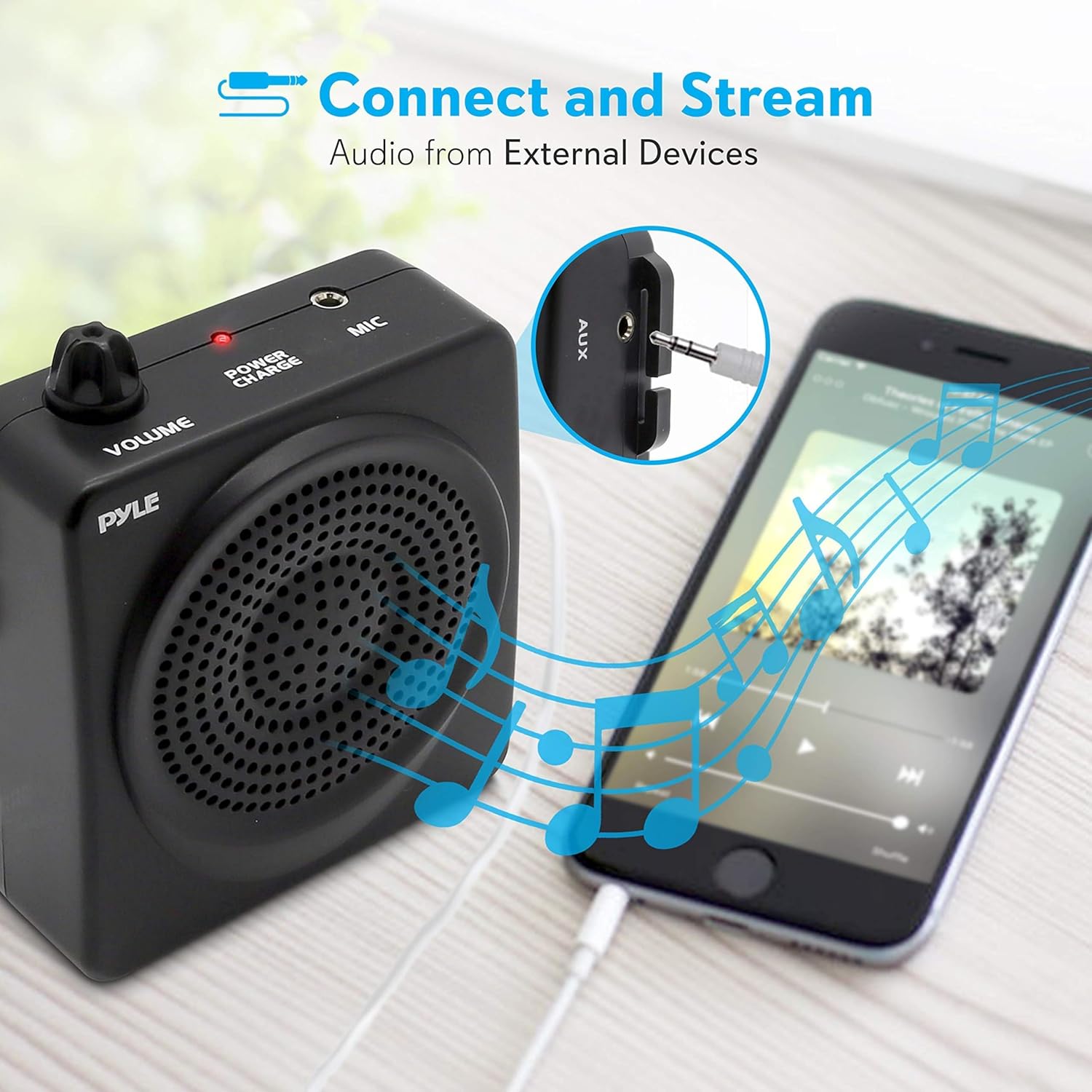 Wired gooseneck headset microphone included with the Pyle compact loudspeaker system