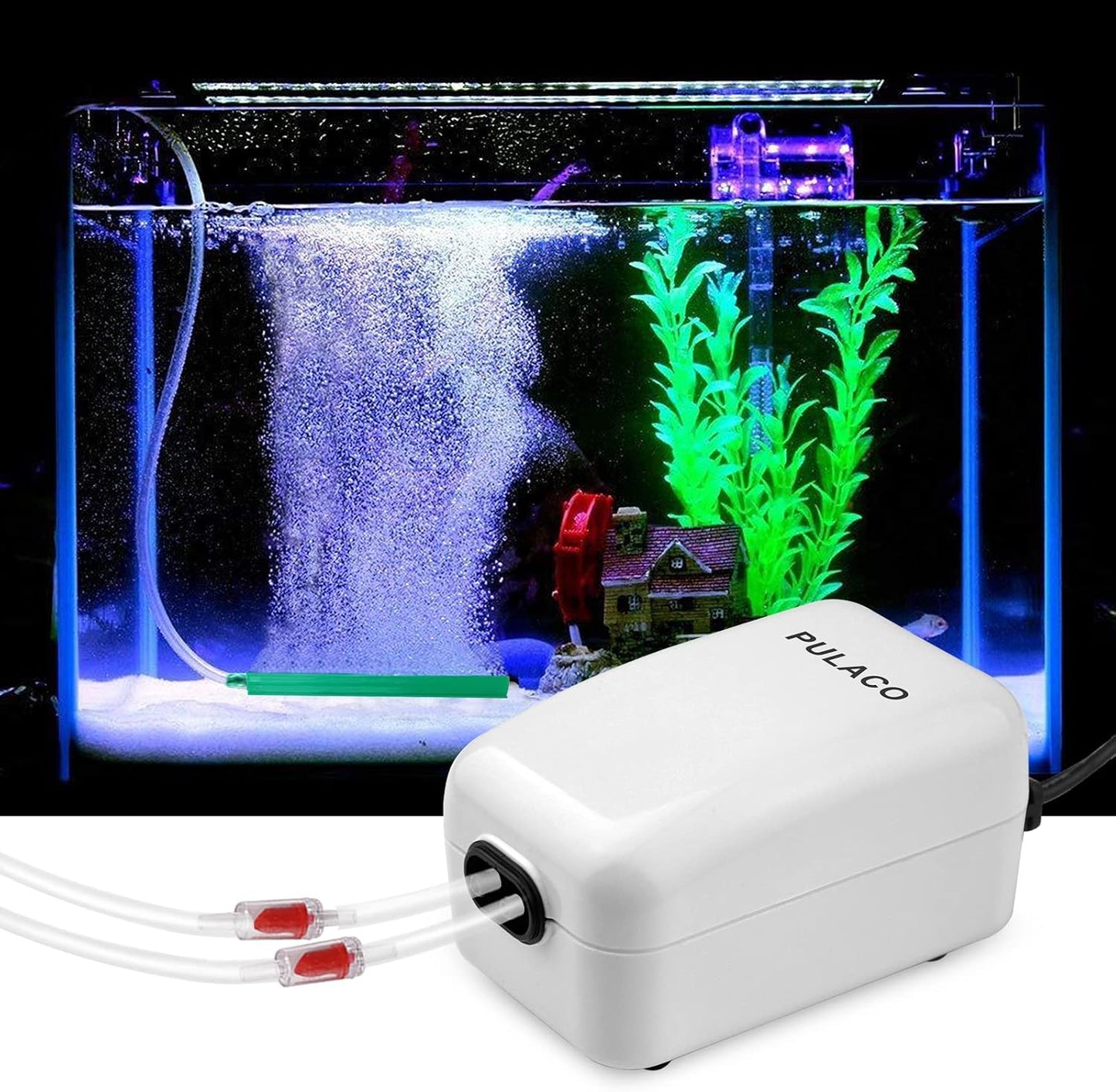 Pulaco dual outlet aquarium air pump front view showing dual ports
