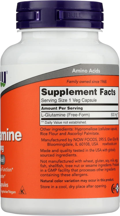 A detailed shot of the allergen warnings and manufacturing details on the NOW Foods L-Glutamine capsule bottle label.
