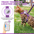 Purple cat harness featuring a dedicated built in Apple AirTag holder for real time tracking