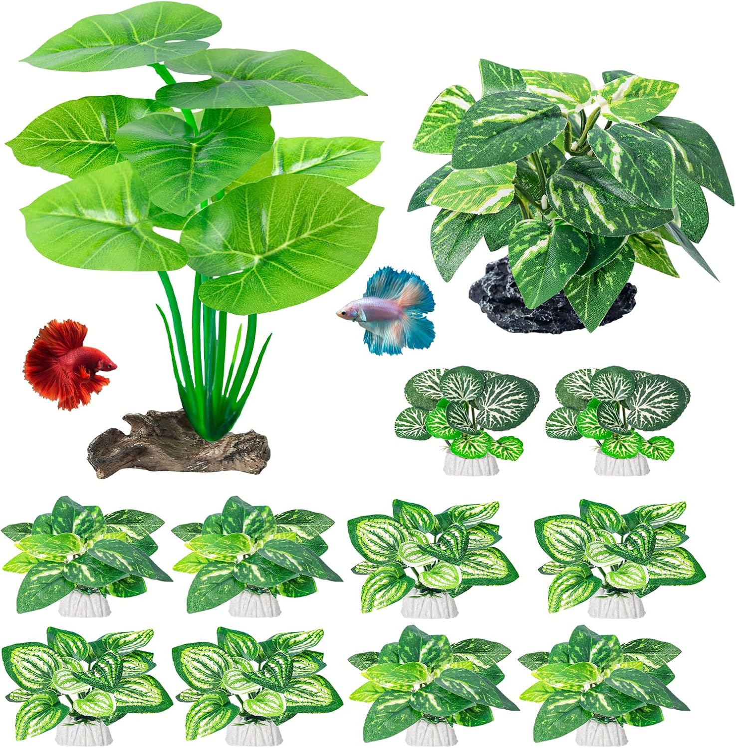 CousDUoBe twelve piece betta fish tank decor front view showing varied green silk aquarium plants.