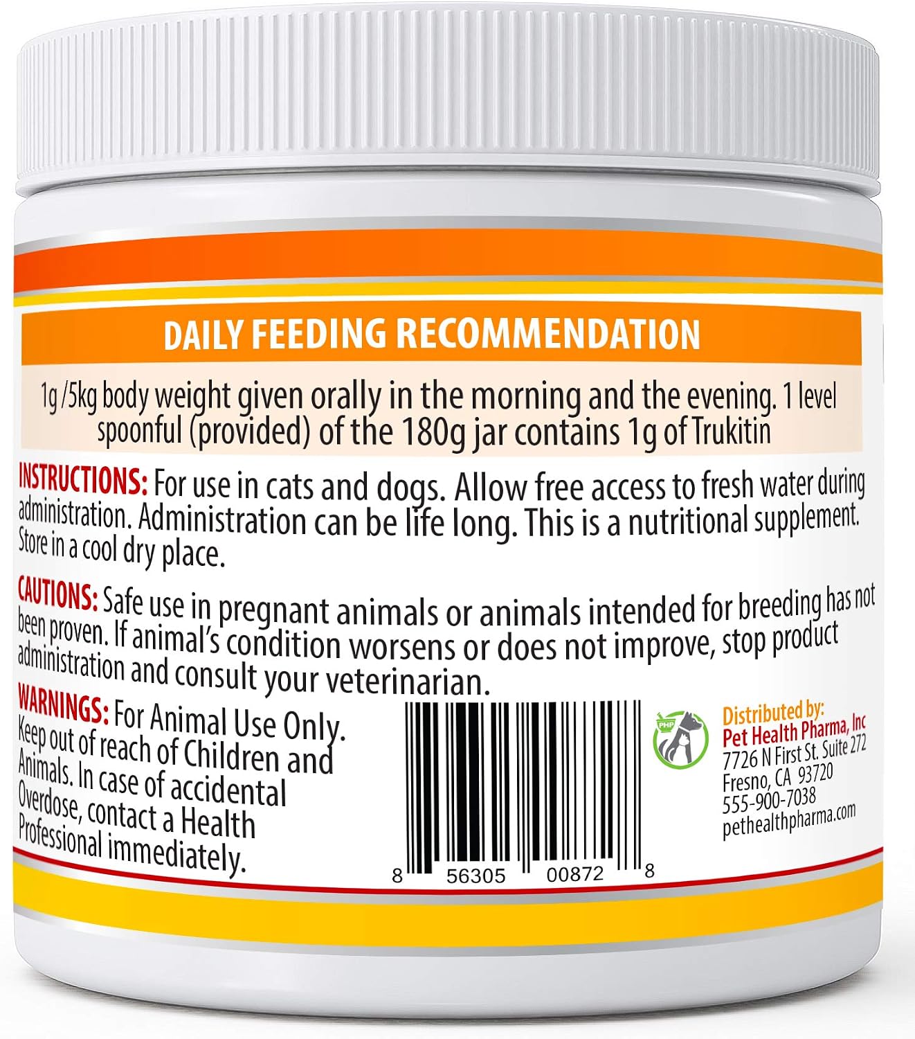 Pet Health Pharma Trukitin powder packaging detailing premium ingredients made in USA.