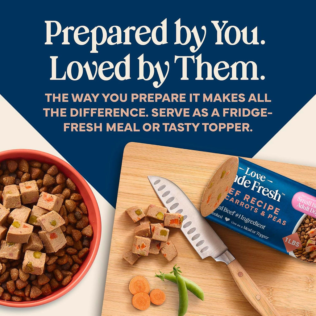 Sliced Blue Buffalo Love Made Fresh beef dog food roll showing texture