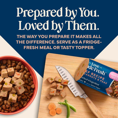 Sliced Blue Buffalo Love Made Fresh beef dog food roll showing texture