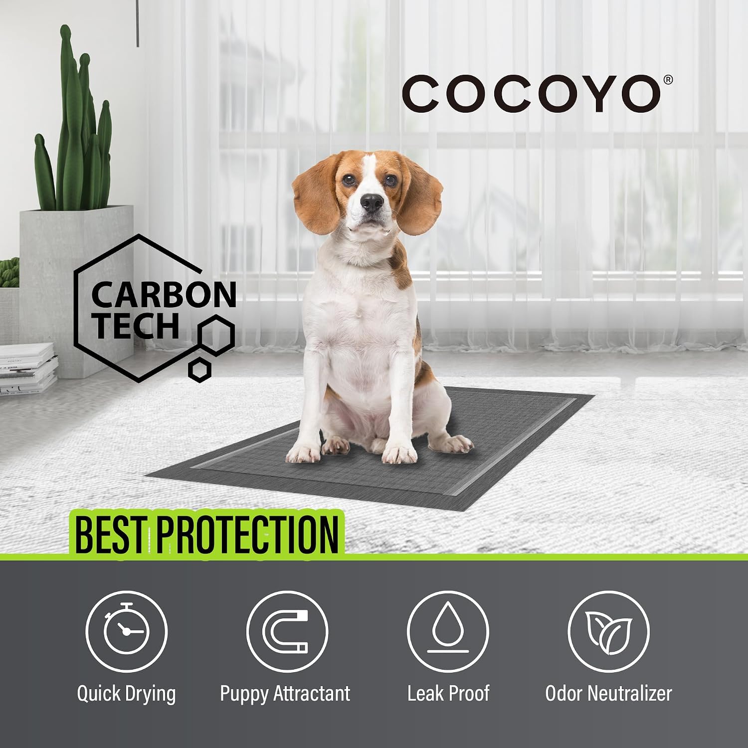 COCOYO charcoal dog pee pads showing the five layer absorption technology