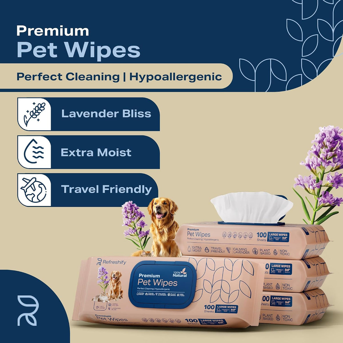 Refreshify dog grooming wipes package displaying 400 count value pack text.