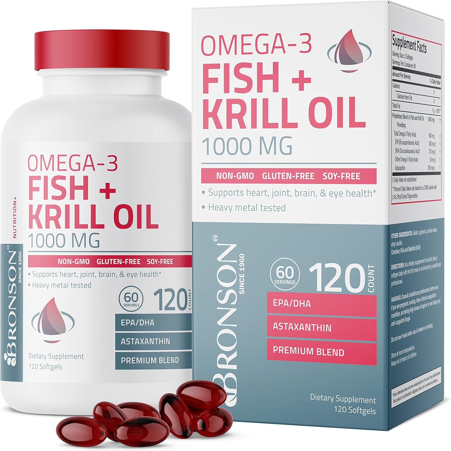 Bronson Omega 3 Fish and Krill Oil 1000 Milligram 120 softgels bottle front view showcasing authentic packaging.