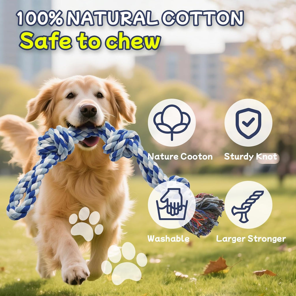Close up view of the thick three knot cotton rope toy for teeth cleaning.