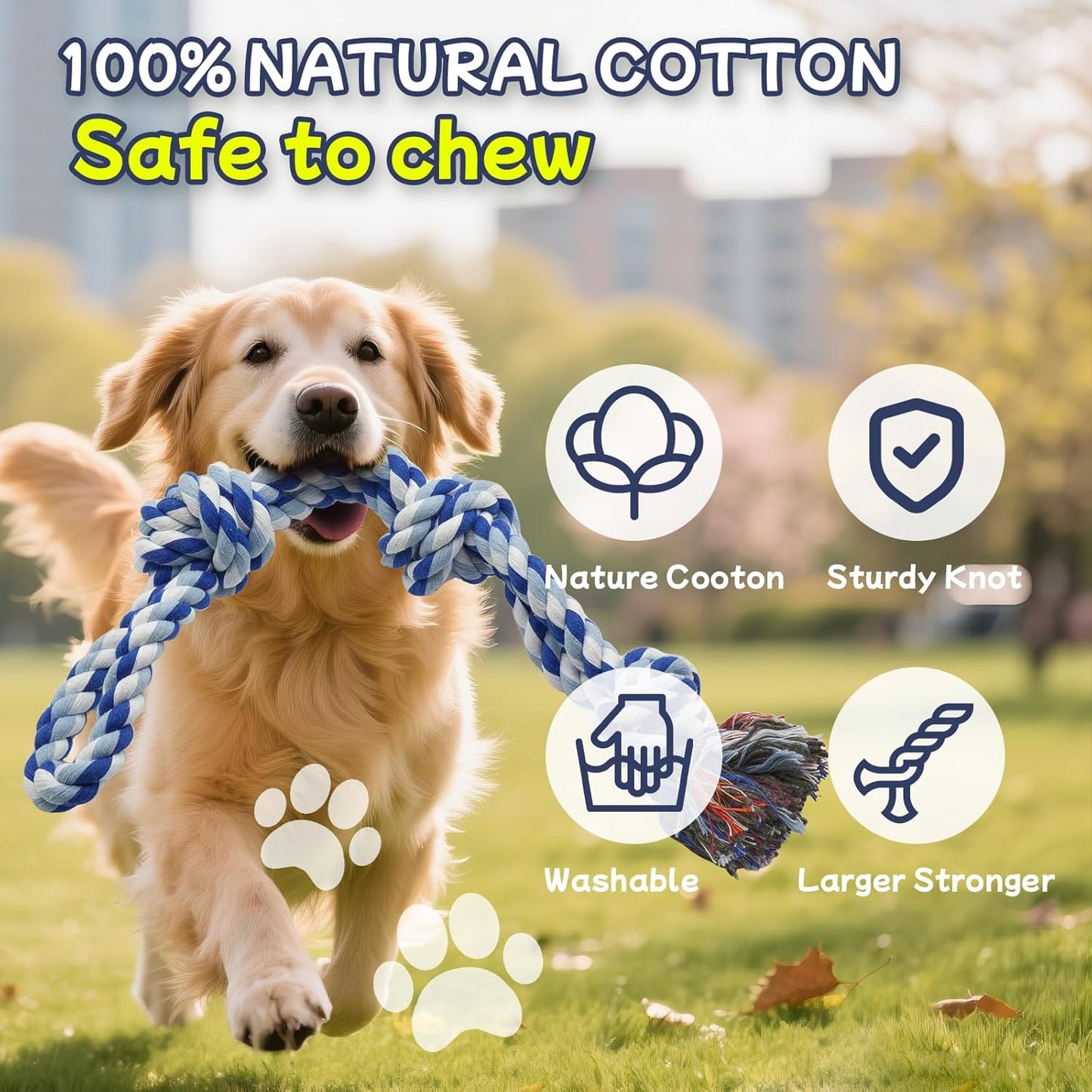 Close up view of the thick three knot cotton rope toy for teeth cleaning.