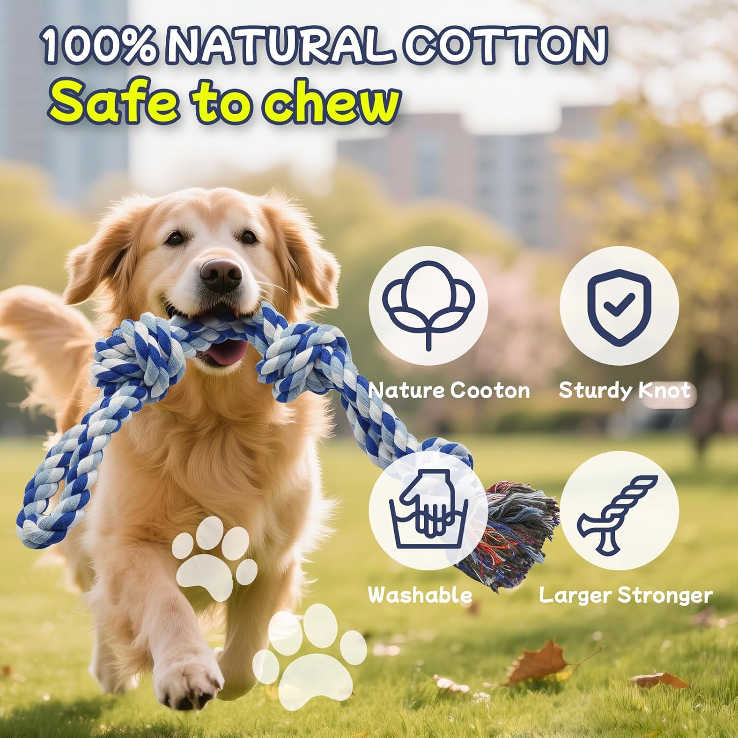 Close up view of the thick three knot cotton rope toy for teeth cleaning.