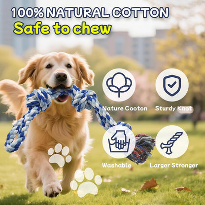 Close up view of the thick three knot cotton rope toy for teeth cleaning.