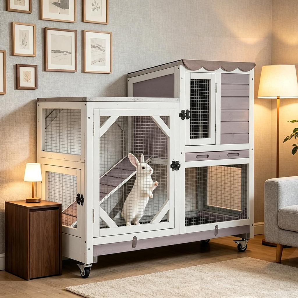 GUTINNEEN Duplex Rabbit Hutch Indoor with Chew-Proof Frame & 2 Leak-Proof Sliding Trays, Rain Cover, Wooden Guinea Pig Cages with Wheels - Grey - Image 1