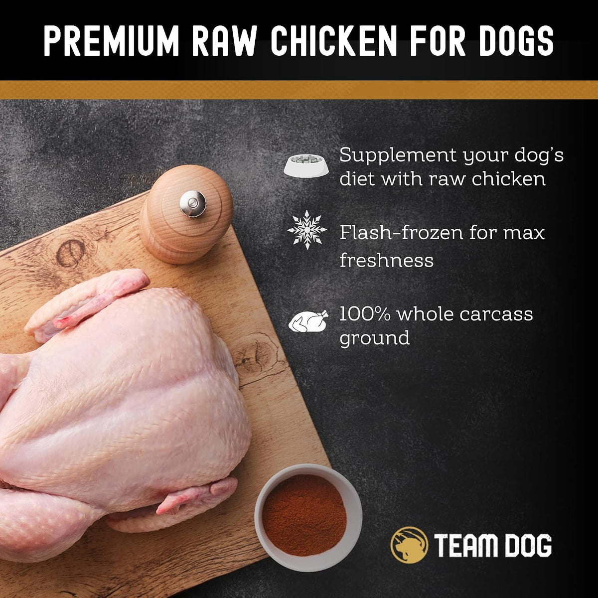 Team Dog USA sourced raw chicken dog food packaging