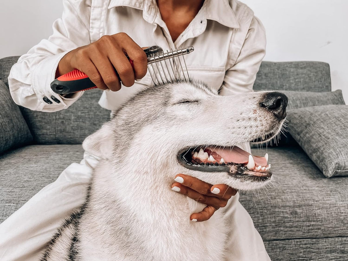 Side profile of the Tuff Pupper pet undercoat deshedding tool for long haired animals.