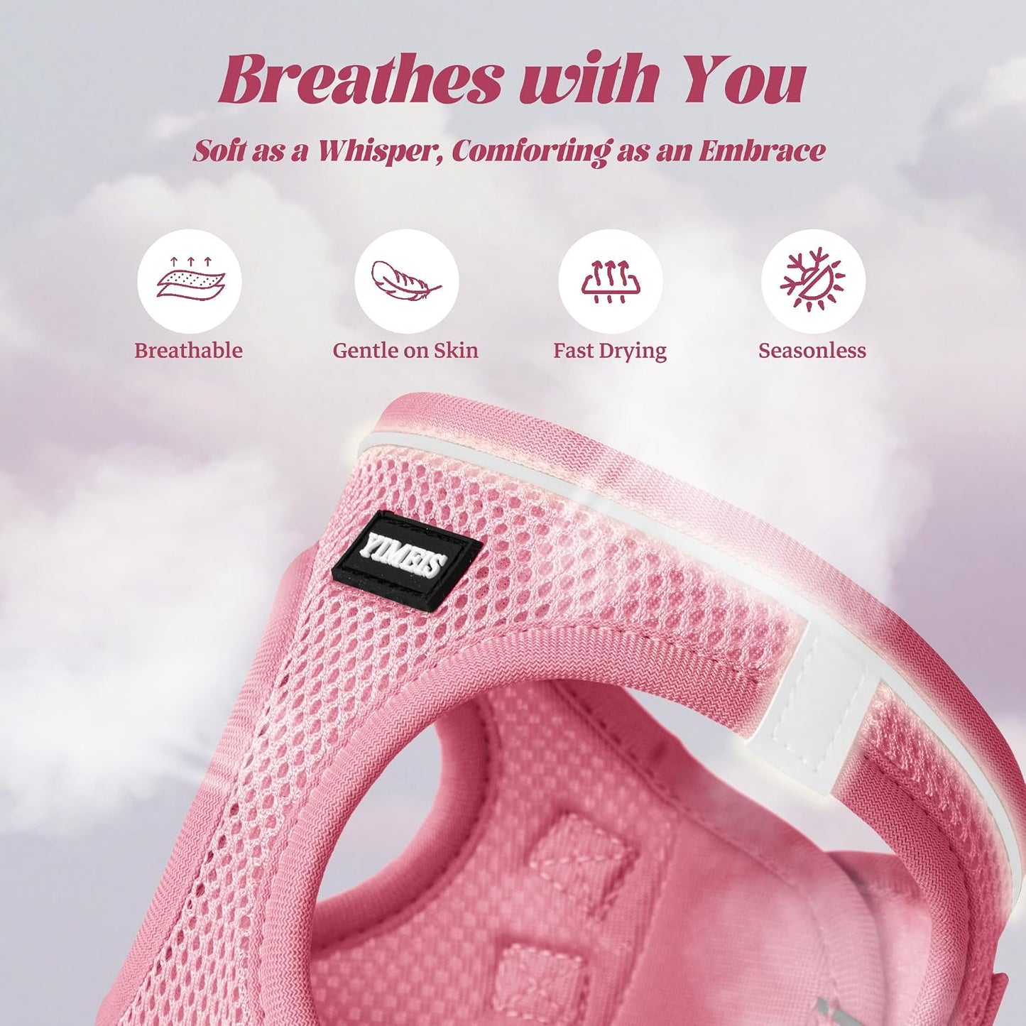 Small dog wearing pink yimeis breathable mesh harness