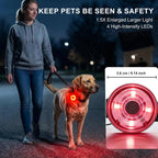 Yesbular rechargeable pet safety light showing the upgraded thick anti-fall buckle system for large breeds.