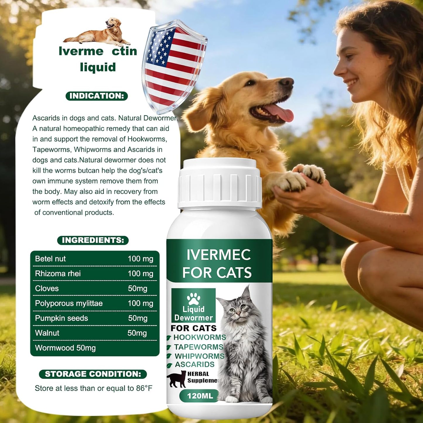 Liquid wormer for cats and kittens close up view of the one hundred twenty milliliter bottle.