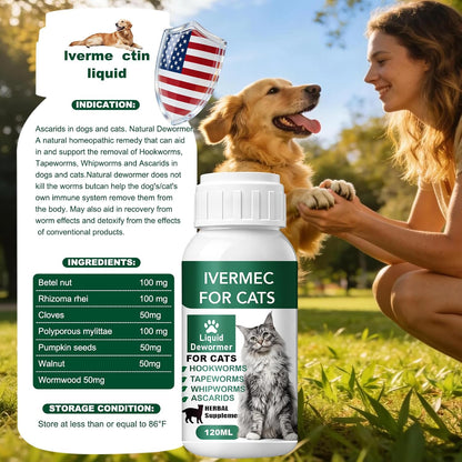 Liquid wormer for cats and kittens close up view of the one hundred twenty milliliter bottle.